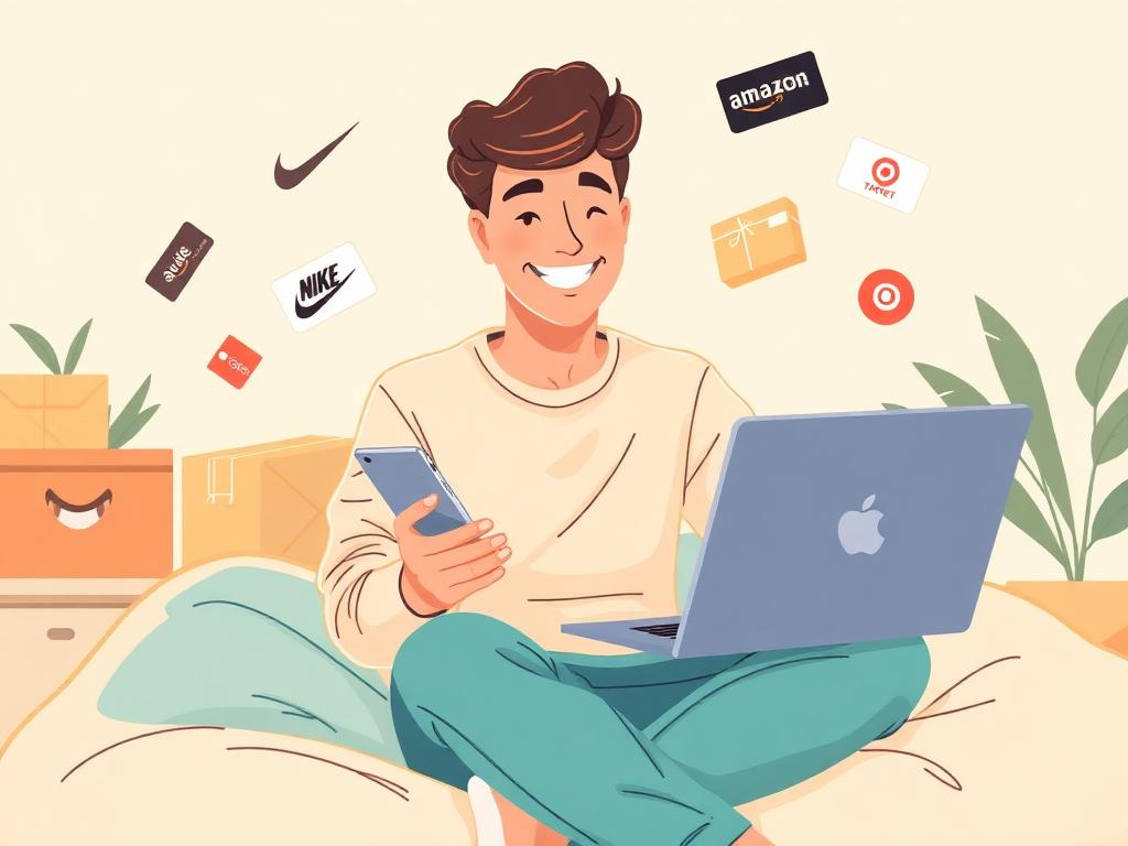Happy person reviewing products on phone and laptop